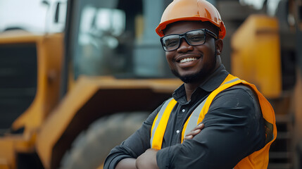 Happy black truck driver in the truck with copy space