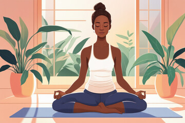 Young african woman standing in yoga position. Abstract shape on background with room plants. Warming up, stretching. AI generated