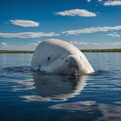 Fototapeta premium A Beluga whale near a glassy lake under a brilliant blue sky.