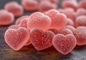 Obraz premium Sweet and Colorful Pink Heart-Shaped Gummies Covered in Sugar Sprinkles with a Beautifully Blurred Background Ideal for Celebrating Love and Affection