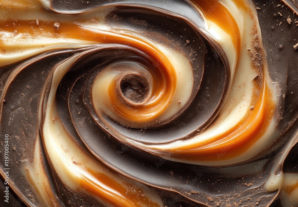 Poster swirling mixture of dark chocolate and caramel sauce creating an exquisite abstract pattern on a smo