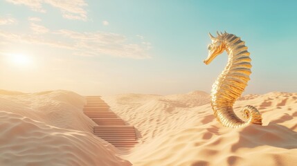 Golden Seahorse Stands Alone in a Desert Landscape at Sunrise