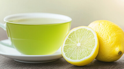 A cup of green tea with a lemon wedge, rich in antioxidants and known for its brain-stimulating benefits. Perfect for promoting health and wellness.