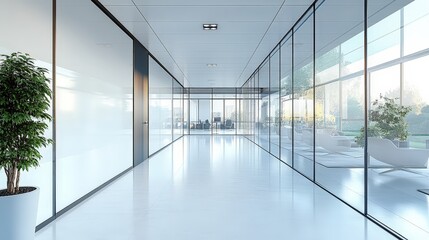 Minimalist White Office Interior with Glass Walls and Modern Design in Bright Natural Lighting