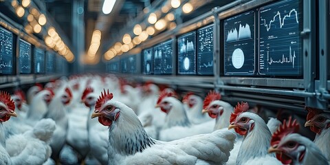 Avian Flu monitoring concept. A modern poultry farm with chickens in rows, surrounded by technology and data displays monitoring their environment.