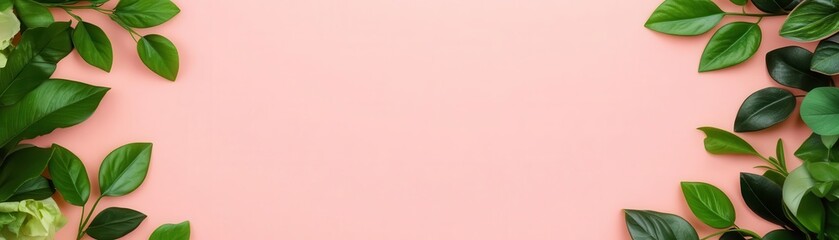 A serene arrangement of vibrant green leaves on a soft pink background, creating a fresh and calming aesthetic.