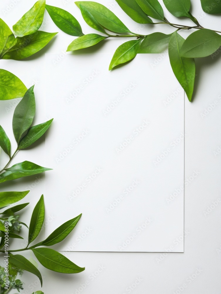 Poster empty mock up sheet surrounded by fresh green leaves for design projects and creative concepts. gene