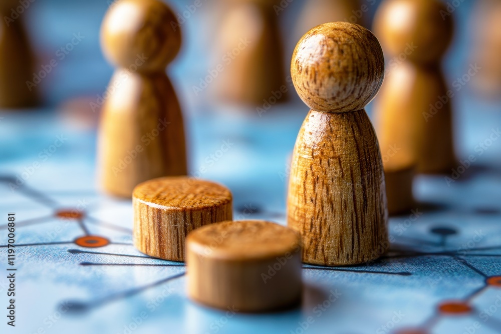 Poster close-up view of wooden game pieces on a colorful game board representing strategy and planning in b
