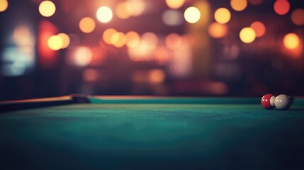 A close-up view of pool balls arranged on a green billiard table, in focus, against a blurred background of a modern bar.