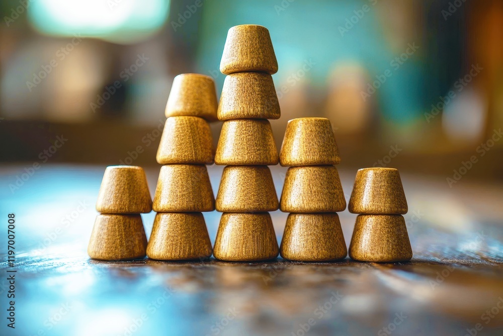 Poster stacked wooden cups arranged in a pyramid formation on a rustic table for play or decorative display