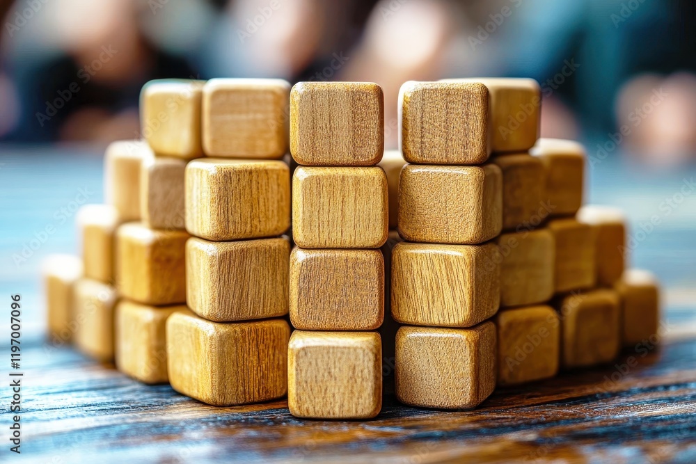 Poster arrangement of wooden building blocks stacked neatly in a creative design on rustic wooden surface w