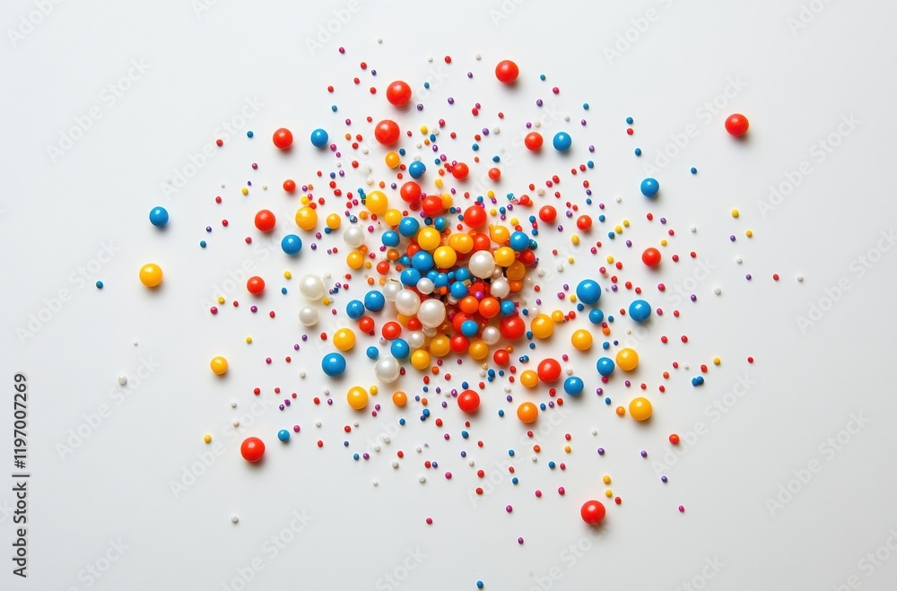 Poster vibrant colorful abstract background with assorted tiny balls and dots in red, blue, yellow, and whi