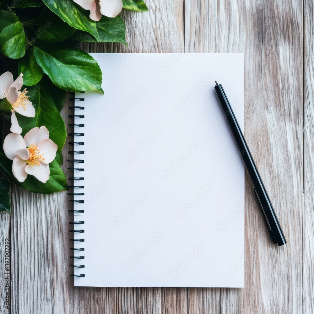 Poster Blank notebook and pen with greenery on wooden surface for creative writing and design purposes. Generative AI
