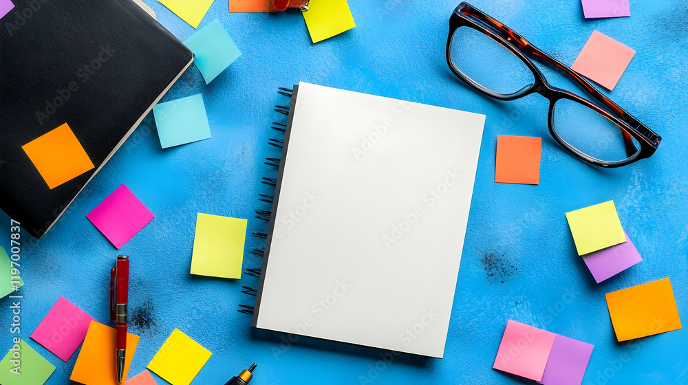 Aufkleber a top view of a desk with colorful sticky notes, a pair of glasses and a blank notebook, modern and 