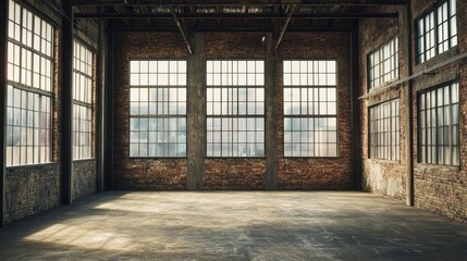 An industrial-style loft with exposed brick walls, high ceilings, and large steel-framed windows. 