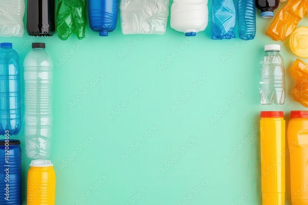 Poster a collection of colorful plastic bottles arranged on a mint green background, creating a vibrant fra
