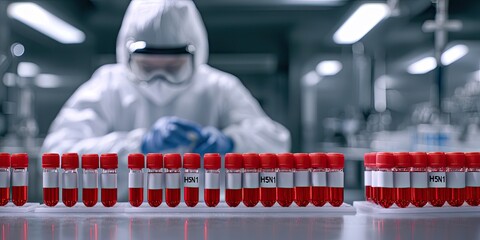 Avian Flu monitoring concept. A scientist in protective gear handles blood samples in a sterile laboratory environment, focusing on research and analysis.