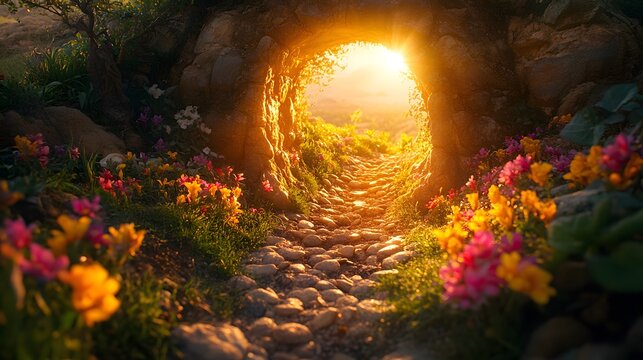 A symbolic image of an empty tomb with sunlight streaming through the entrance for Easter - Powered by Adobe