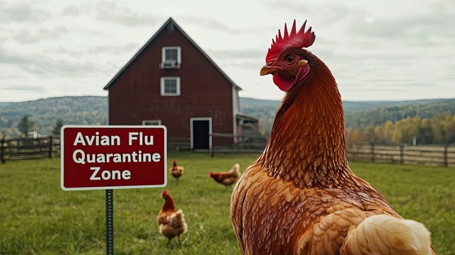 Avian Flu monitoring concept. A chicken stands in front of a barn, with a sign indicating a quarantine zone for avian flu, highlighting biosecurity in poultry farming.