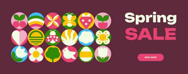 The banner template with Spring icons, Geometric and Nature Symbols with text Sale