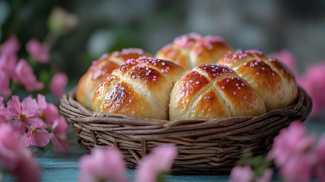 A basket of freshly baked hot cross buns surrounded by spring flowers and Easter decorations