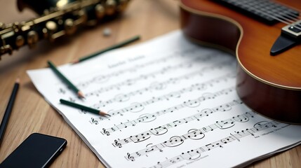 Fototapeta premium Musical instruments and sheet music on a wooden table during a creative practice session