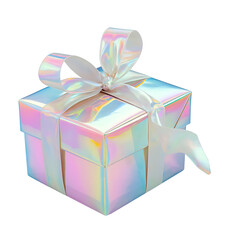 Holographic Gift Box with Elegant White Ribbon Festive Present Package Design Shiny Iridescent Pastel Colors Birthday Celebration Luxury Surprise Special Occasion Giftwrap Decoration bow chic happy   