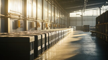 Obraz premium Industrial Warehouse Sunlight Rows Stacked Metal Containers Storage, Sodium-ion batteries