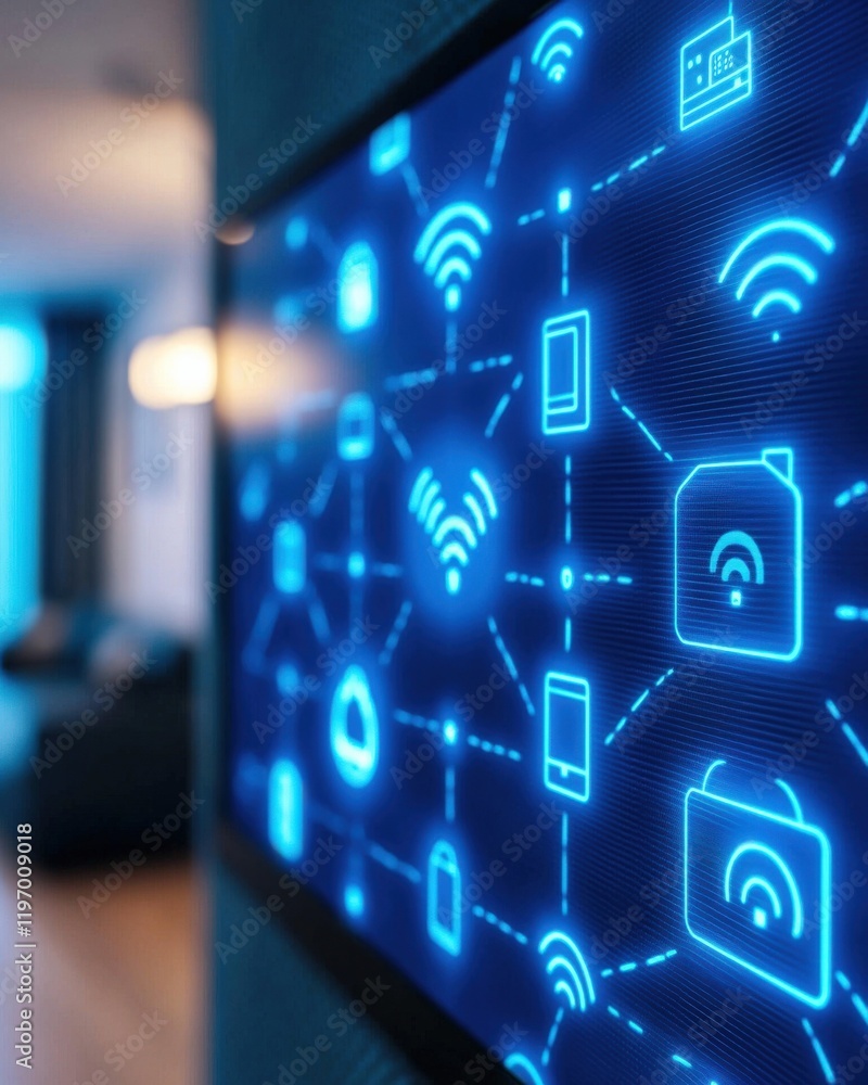 Aufkleber blue technology network visualization with wireless signals and devices for smart home concepts