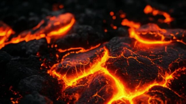 An incredible display of lava flowing over rocky terrain showcases the glowing orange and red colors against the dark backdrop of volcanic rock. The movement creates stunning patterns and textures