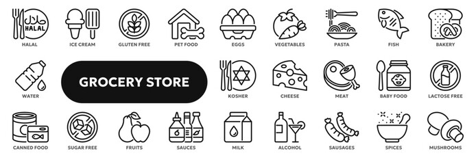 Set of vector line icons of grocery store food items such as meat, milk, seafood, bread and others. Symbols for website or app ui, logo design, illustration