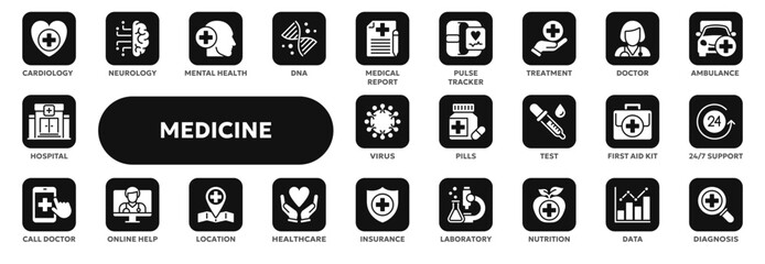 Set of vector solid icons related to healthcare and medicine, first aid, pharmacy. Symbols for website or app ui, logo design, illustration