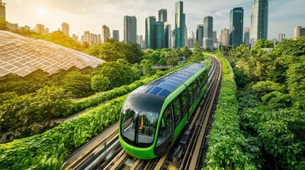 Fototapeta premium Sustainable Urban Transport Concept with Green Solar-Powered Train in Modern Cityscape Surrounded by Nature