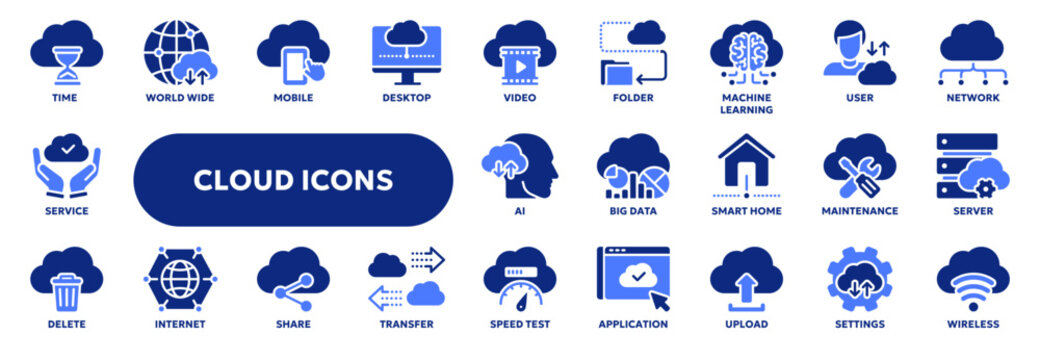 Set of vector solid icons related to cloud computing technology, ai, machine learning and big data. Symbols for website or app ui, logo design, illustration