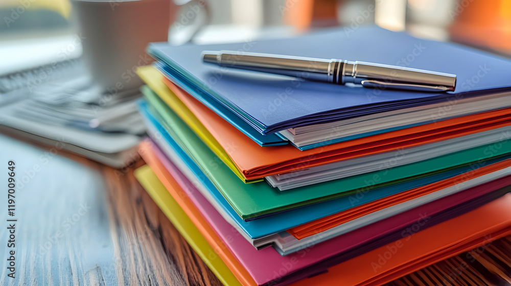 Poster a workspace with a stack of colorful folders, a pen and a cup of coffee, minimal and tidy