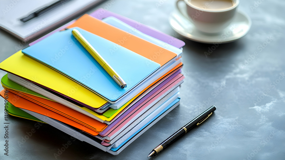 Poster a workspace with a stack of colorful folders, a pen and a cup of coffee, minimal and tidy