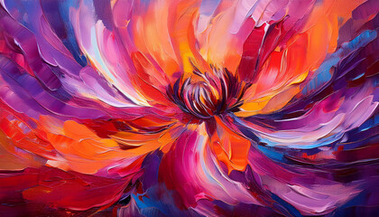 Abstract oil painting of flower in full bloom, vibrant magenta, crimson and orange colors.