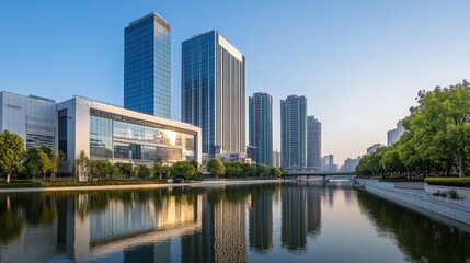 Fototapeta premium Modern Cityscape with River Reflection