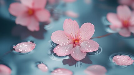 A close-up of sakura petals floating on a pond during the Hanami season