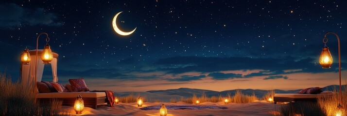 Naklejka premium Beautiful Desert Oasis Under the Stars with Bedouin Tent Camp at Lunar Night.