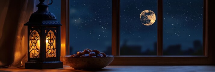 A Peaceful Ramadan night scene with glowing lantern, a bowl of dates and a window overlooking a starry sky and a crescent moon.