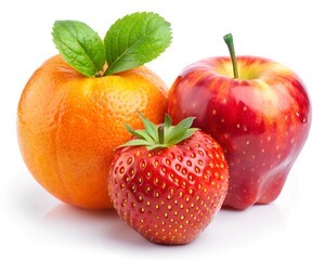 orange, strawberry and apple isolated on a white background