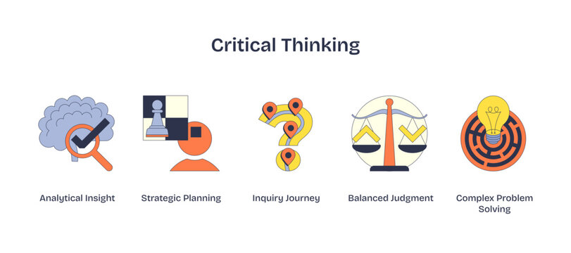 Critical Thinking, Brain, chess piece, and scales symbolize analytical insight and judgment, transparent background.