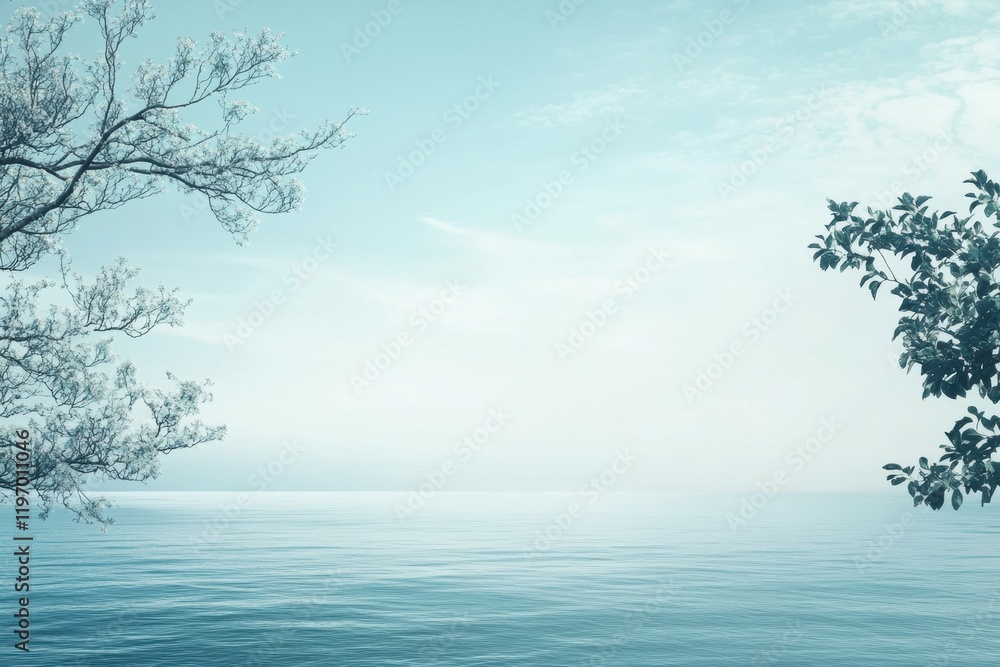 Aufkleber Serenity of calm water under a clear sky with tree branches framing the view. Generative AI
