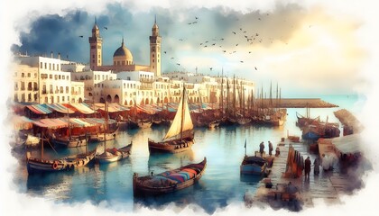 Fototapeta premium It is not a real place, but it looks very real , the downtown port on 1890