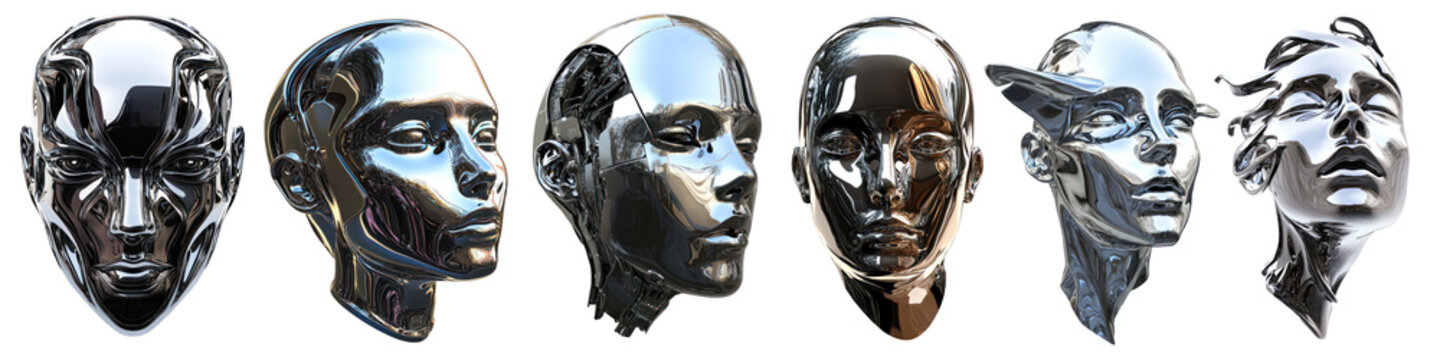 PNG Futuristic metallic robotic faces set, isolated on transparent background