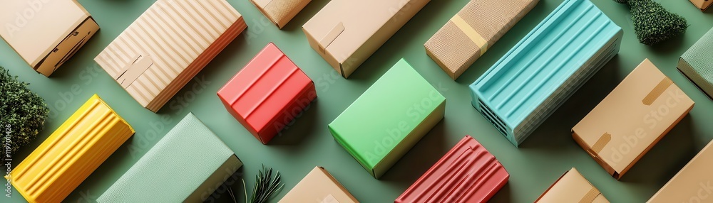 Poster a vibrant arrangement of colorful, rectangular boxes on a flat surface, creating a dynamic and visua