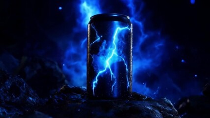An energy drink can is dramatically highlighted with blue lightning effects, surrounded by a dark, rocky environment, creating an electrifying atmosphere that captures attention