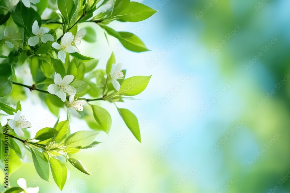 Poster Bright and refreshing background filled with green leaves and delicate white flowers suitable for text placement. Generative AI