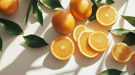 太陽の光に映えるオレンジとカットフルーツ|柑橘系果物|緑の葉と白背景のフードフォト